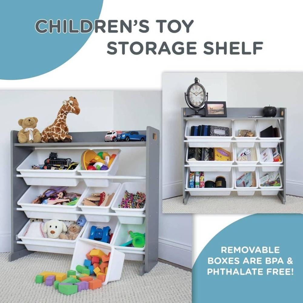 Kids Wooden Toy Storage Organiser | 9 Bin Shelf Unit Grey White | 34" x 15.5" x 31"
