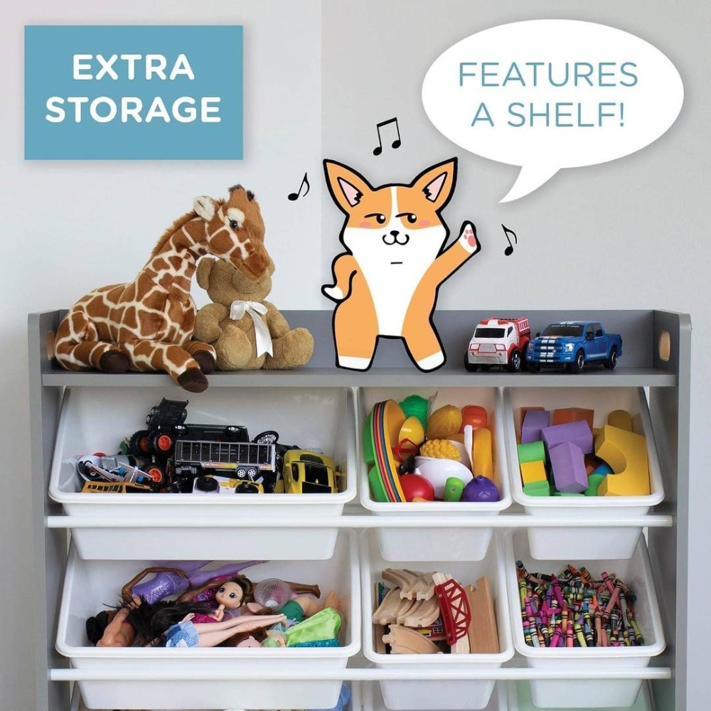 Kids Wooden Toy Storage Organiser | 9 Bin Shelf Unit Grey White | 34" x 15.5" x 31"