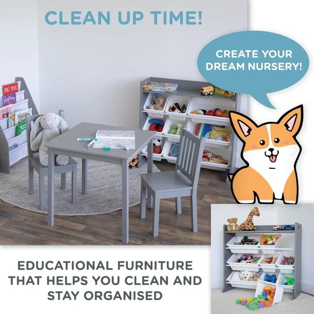 Kids Wooden Toy Storage Organiser | 9 Bin Shelf Unit Grey White | 34" x 15.5" x 31"