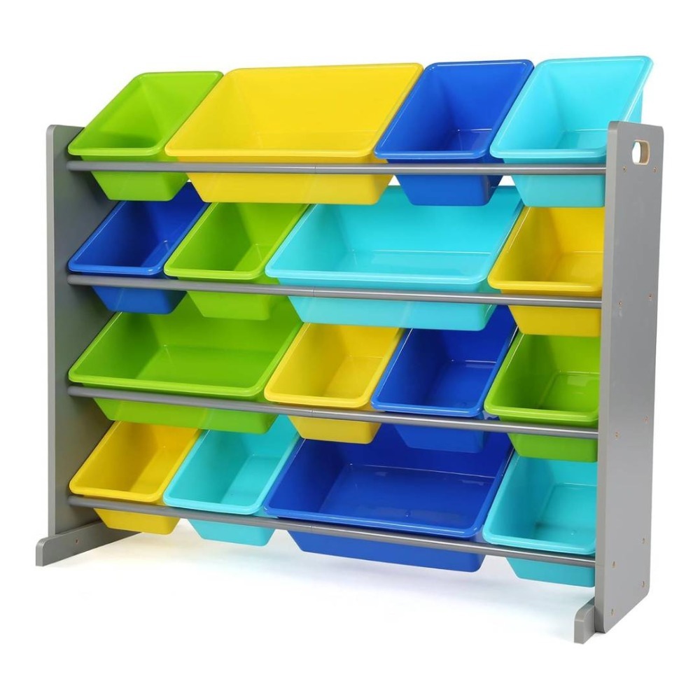Kids Wooden Toy Storage Organiser | 12 Rainbow Removable Bins | 86cm x 28cm x 79cm