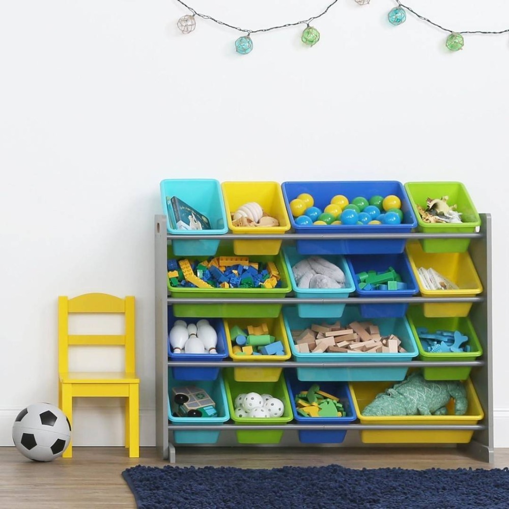 Kids Wooden Toy Storage Organiser | 12 Rainbow Removable Bins | 86cm x 28cm x 79cm