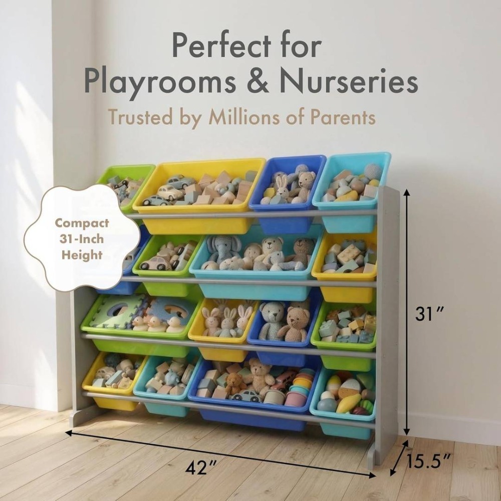 Kids Wooden Toy Storage Organiser | 12 Rainbow Removable Bins | 86cm x 28cm x 79cm