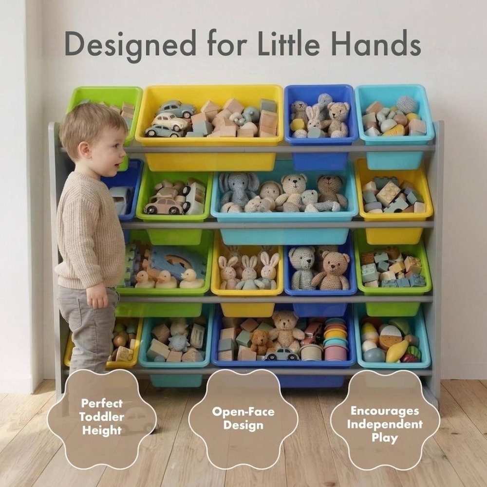 Kids Wooden Toy Storage Organiser | 12 Rainbow Removable Bins | 86cm x 28cm x 79cm