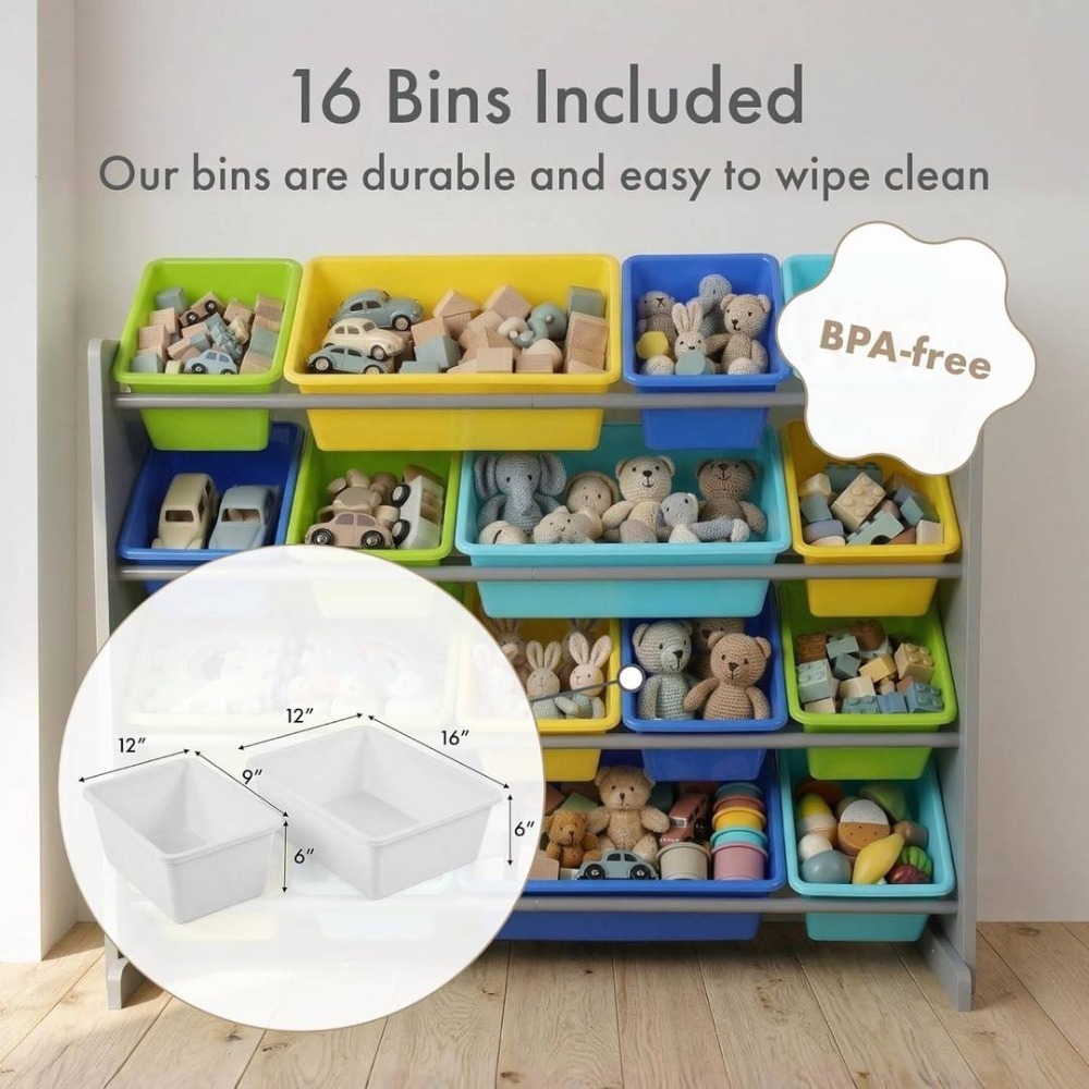 Kids Wooden Toy Storage Organiser | 12 Rainbow Removable Bins | 86cm x 28cm x 79cm
