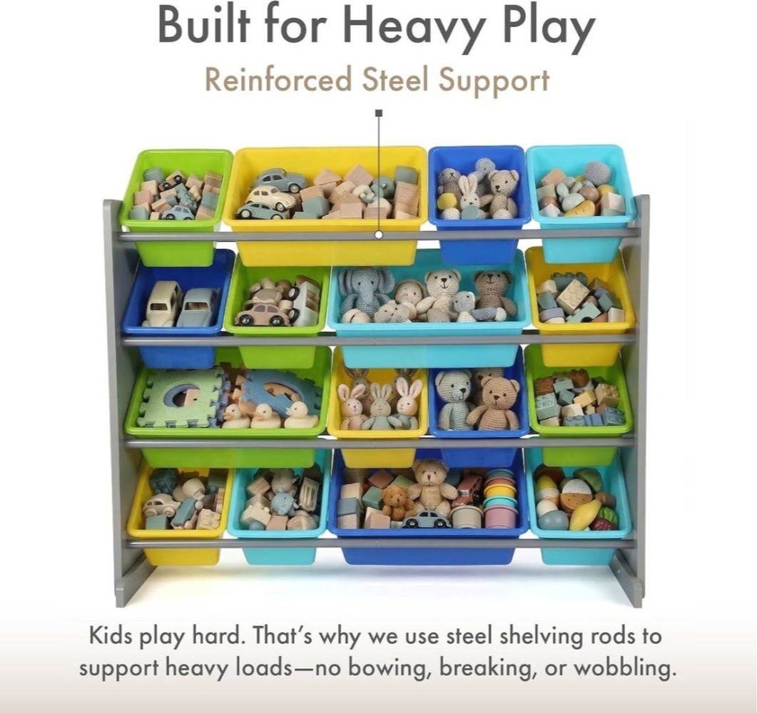 Kids Wooden Toy Storage Organiser | 12 Rainbow Removable Bins | 86cm x 28cm x 79cm