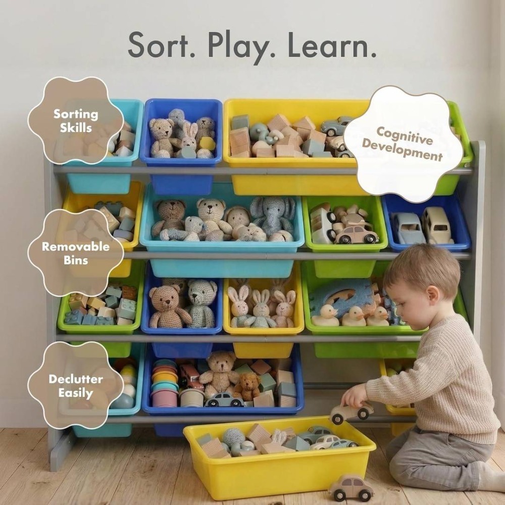 Kids Wooden Toy Storage Organiser | 12 Rainbow Removable Bins | 86cm x 28cm x 79cm