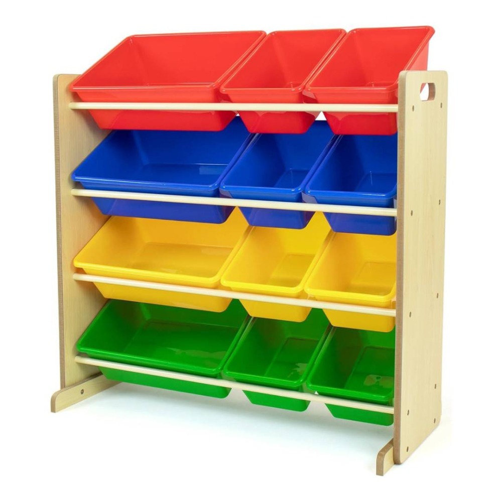 Kids Wooden Toy Storage Organiser | 12 Rainbow Removable Storage Bins | 86cm x 28cm x 79cm