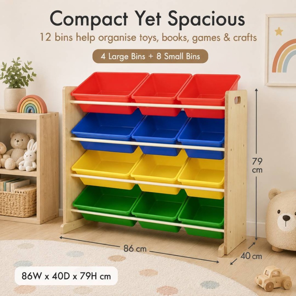 Kids Wooden Toy Storage Organiser | 12 Rainbow Removable Storage Bins | 86cm x 28cm x 79cm