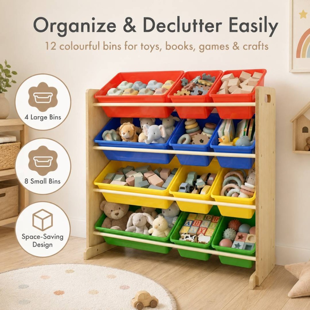 Kids Wooden Toy Storage Organiser | 12 Rainbow Removable Storage Bins | 86cm x 28cm x 79cm