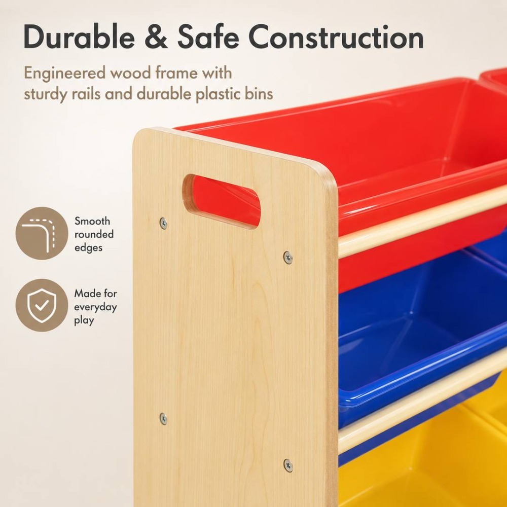 Kids Wooden Toy Storage Organiser | 12 Rainbow Removable Storage Bins | 86cm x 28cm x 79cm