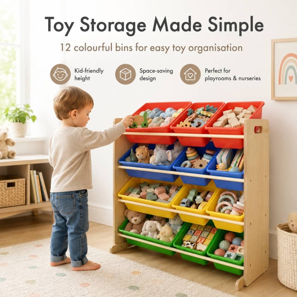 Kids Wooden Toy Storage Organiser | 12 Rainbow Removable Storage Bins | 86cm x 28cm x 79cm