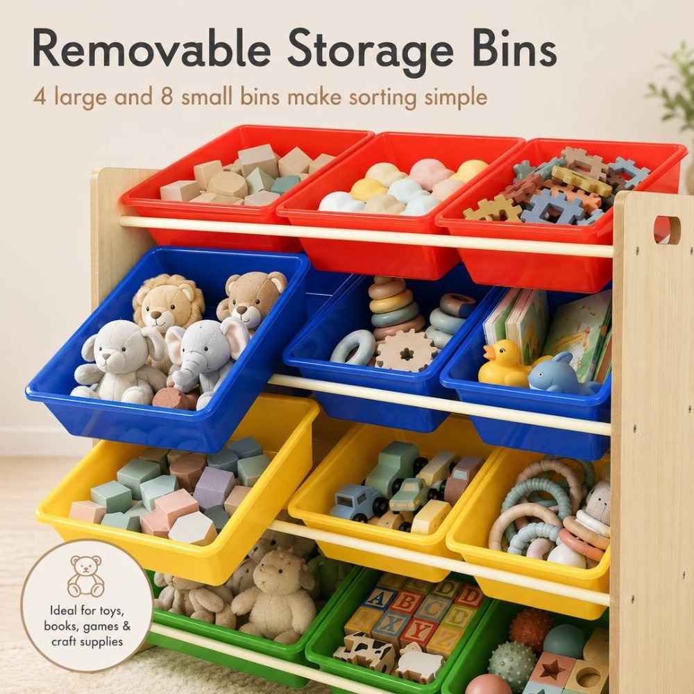 Kids Wooden Toy Storage Organiser | 12 Rainbow Removable Storage Bins | 86cm x 28cm x 79cm