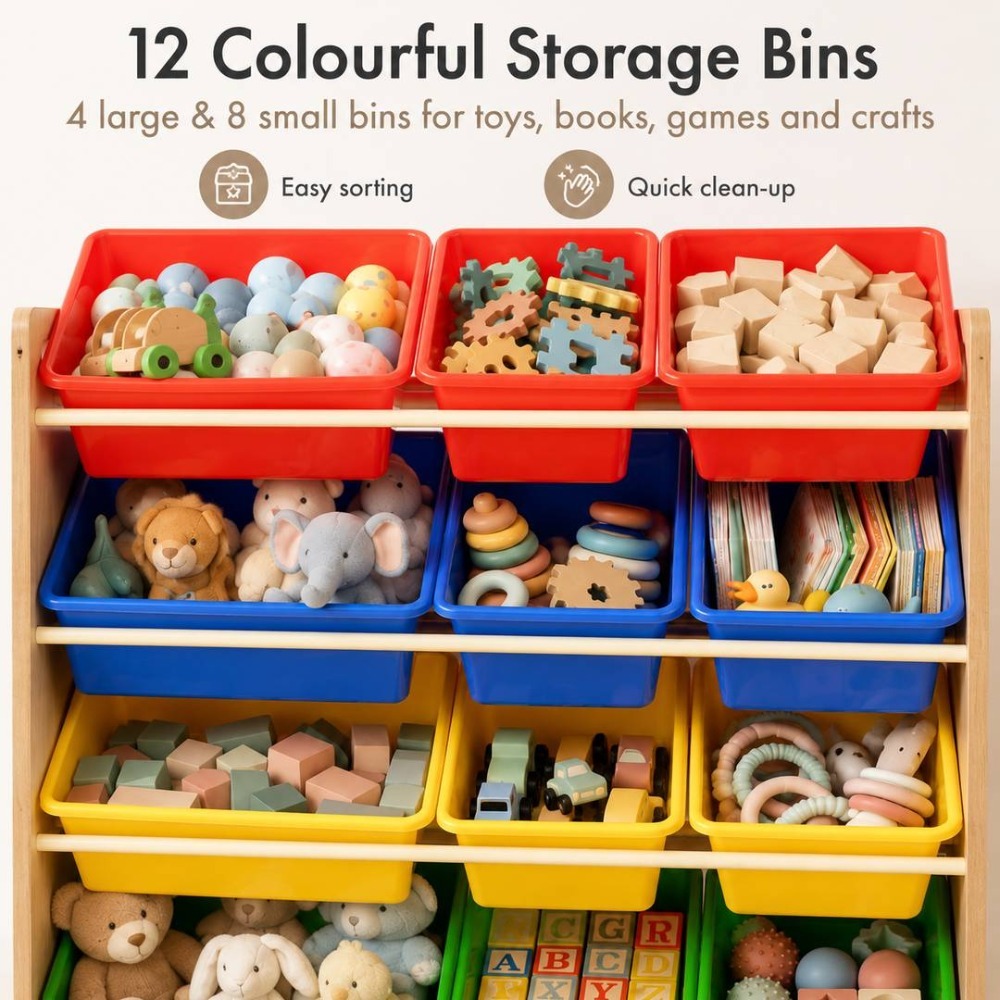 Kids Wooden Toy Storage Organiser | 12 Rainbow Removable Storage Bins | 86cm x 28cm x 79cm