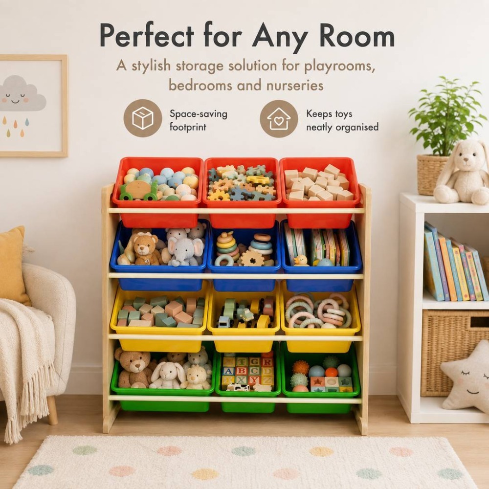 Kids Wooden Toy Storage Organiser | 12 Rainbow Removable Storage Bins | 86cm x 28cm x 79cm