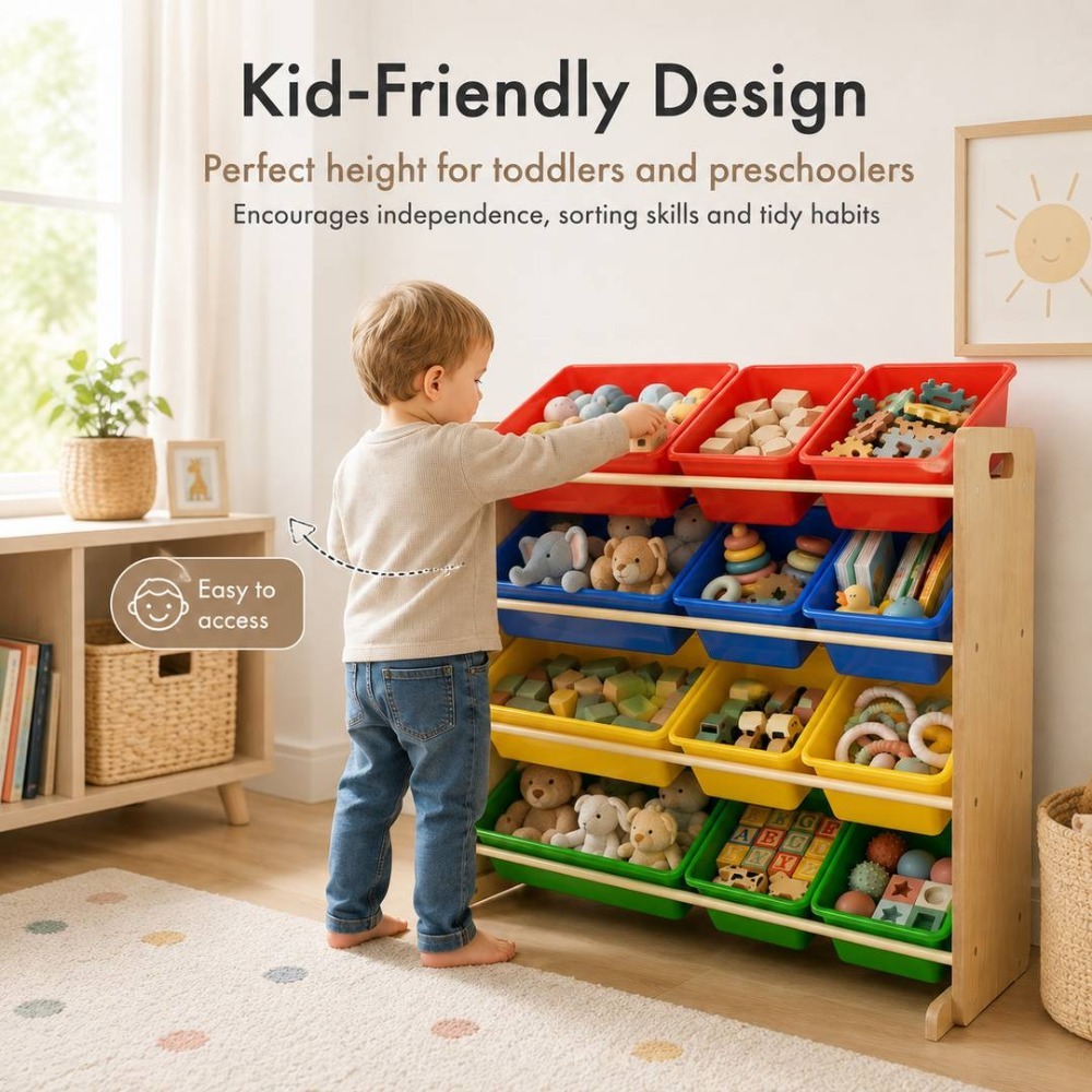 Kids Wooden Toy Storage Organiser | 12 Rainbow Removable Storage Bins | 86cm x 28cm x 79cm