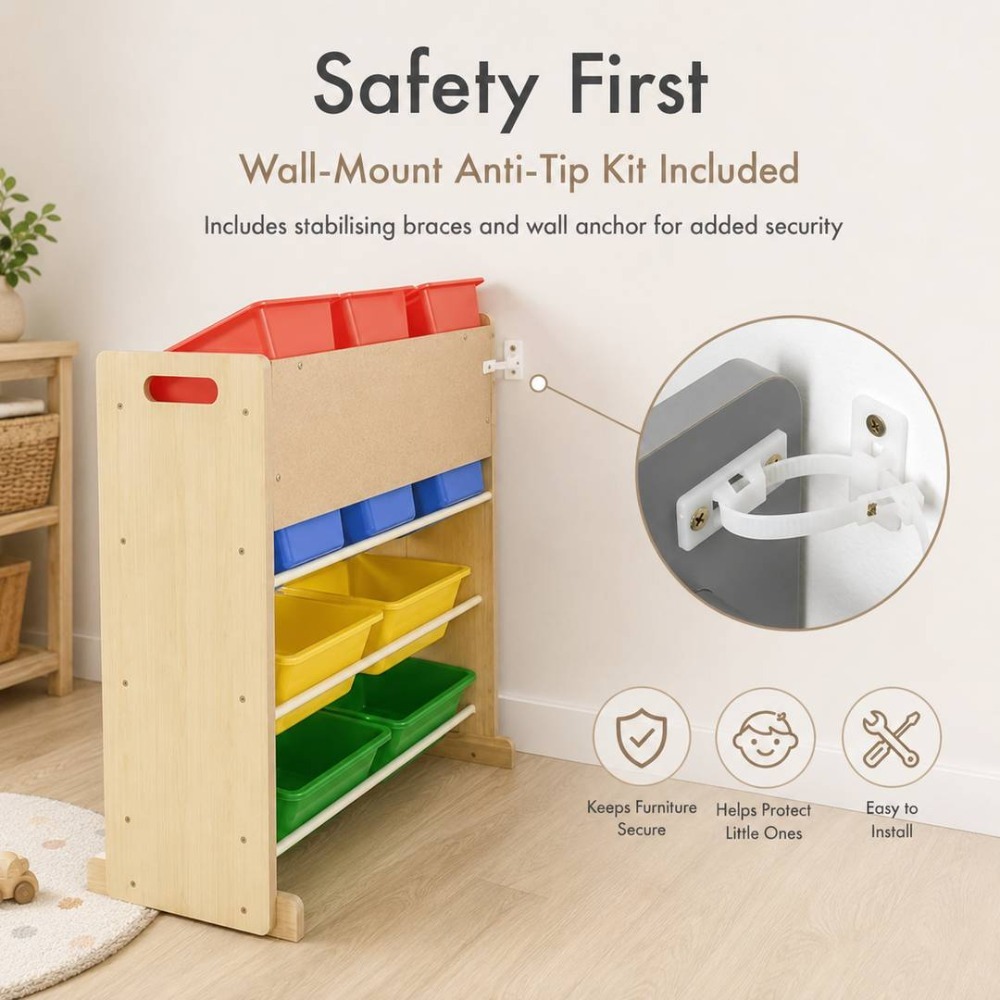 Kids Wooden Toy Storage Organiser | 12 Rainbow Removable Storage Bins | 86cm x 28cm x 79cm