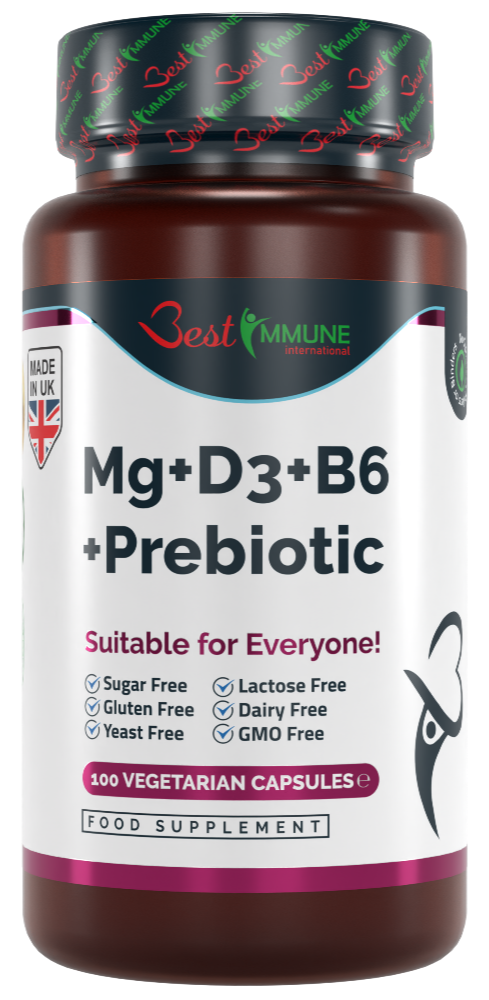 Immune Boost Magnesium Lactate Vitamins B6 & D3 and Inulin Prebiotic Complex Natural Product Ideal Strength Highest Bioavailability