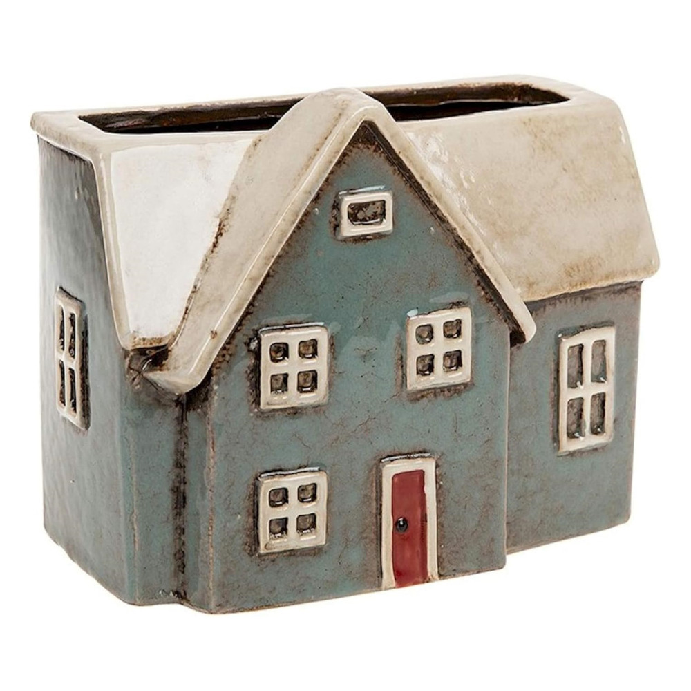 Indoor Plant Pot Ceramic Village Pottery Decorative Long Blue House Ornament