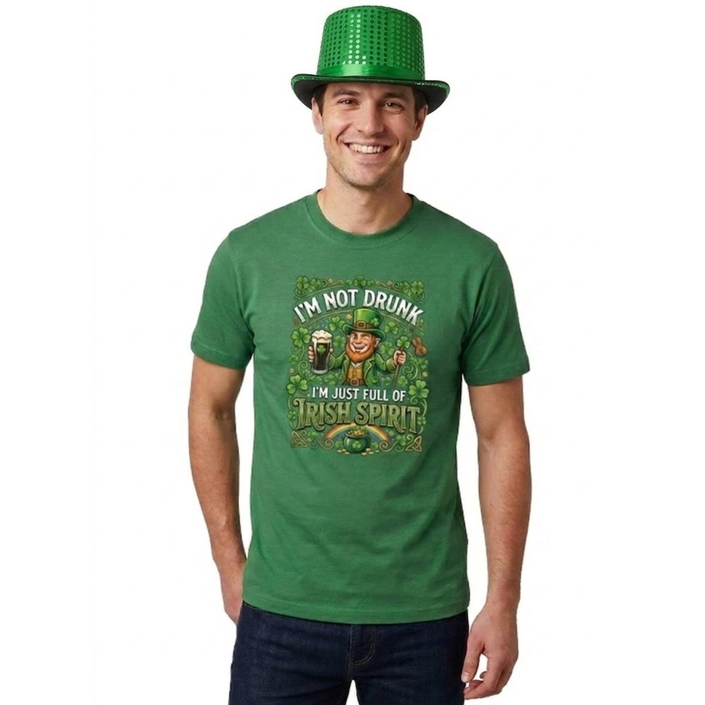 Click to view product details and reviews for Adults Funny St Patricks Day Costume Sequin Top Hat T Shirt &ldquo;im Not Drunk Im Just Full Of Irish Spirit Green Tee With Green Print Large.