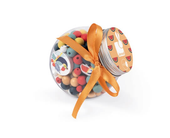 Janod - Birdy - Box of 220 Children's Wooden Beads, 12 Charms Included - Toucans