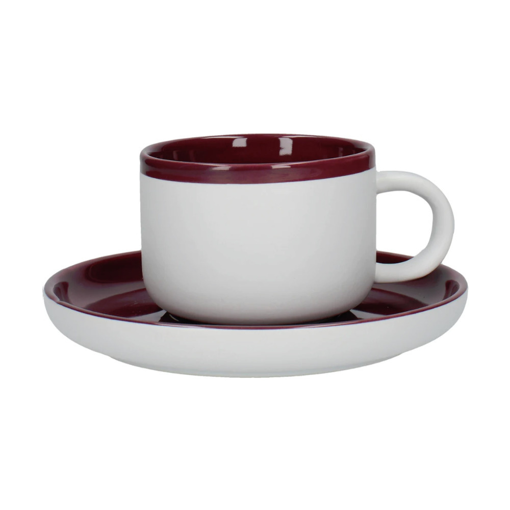La Cafetiere Ceramic Tea Cup & Saucer Barcelona White & Plum Coloured Mug 250ml
