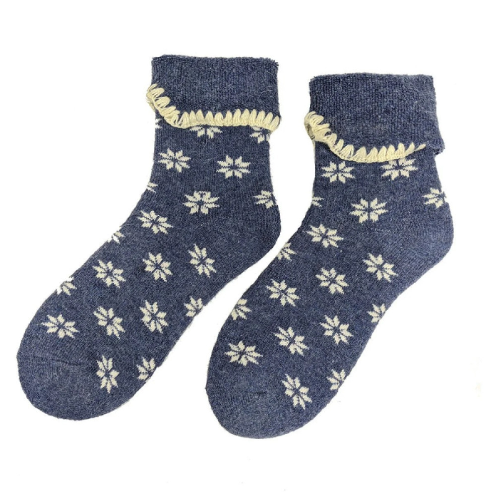 Ladies Cuffed Bed Socks Soft Wool Blend Women's UK 4-7 Blue & Cream Snowflake