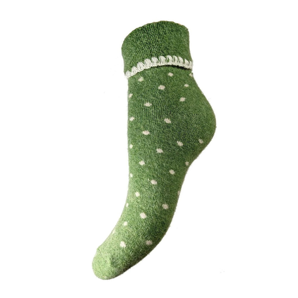 Ladies Cuffed Bed Socks Soft Wool Blend Women's UK 4-7 Green & Cream Dots Gift