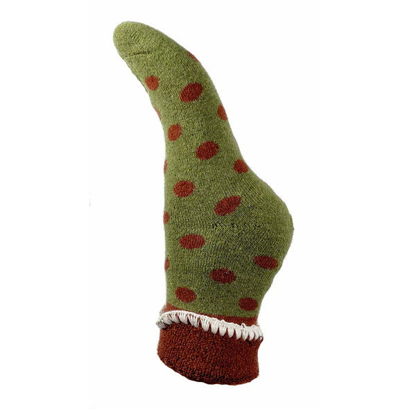 Ladies Cuffed Bed Socks Soft Wool Blend Women's UK 4-7 Green & Rust Dots