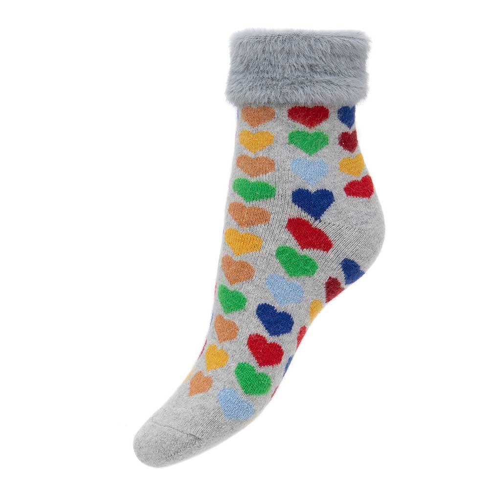 Ladies Cuffed Bed Socks Soft Wool Blend Women's UK 4-7 Grey With Coloured Hearts