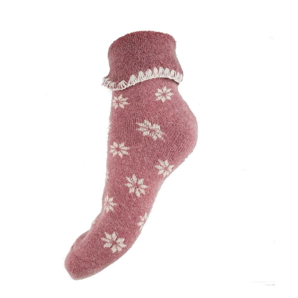 Ladies Cuffed Bed Socks Soft Wool Blend Women's UK 4-7 Pink & Cream Snowflake