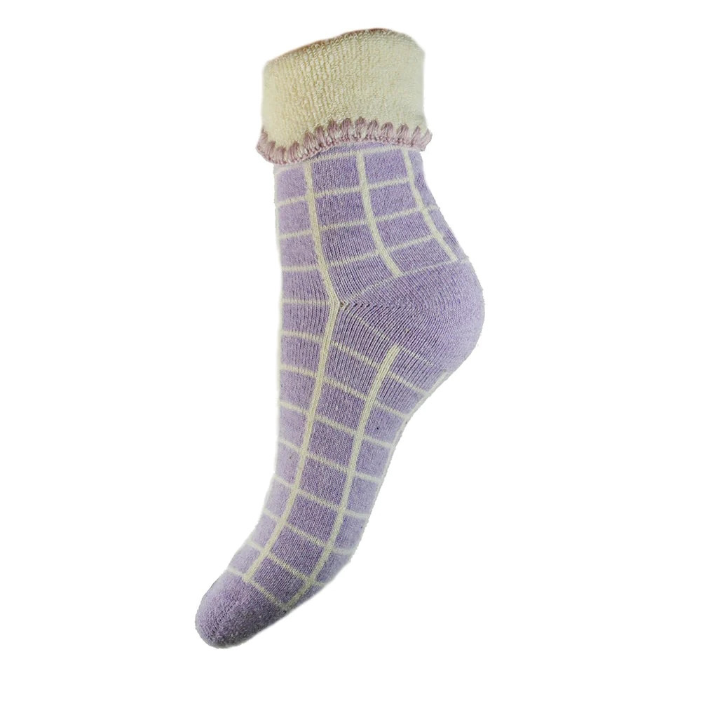 Ladies Cuffed Bed Socks Soft Wool Blend Women's UK 4-7 Purple Cream Check