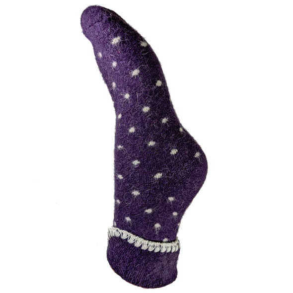Ladies Cuffed Bed Socks Soft Wool Blend Women's UK 4-7 Purple & Cream Dots