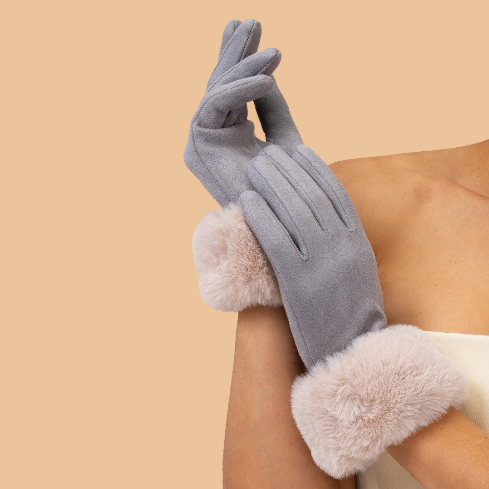 Ladies Gloves Fur Cuff Winterware Accessories Soft Warm Womens Accessory - Mist/Vanilla