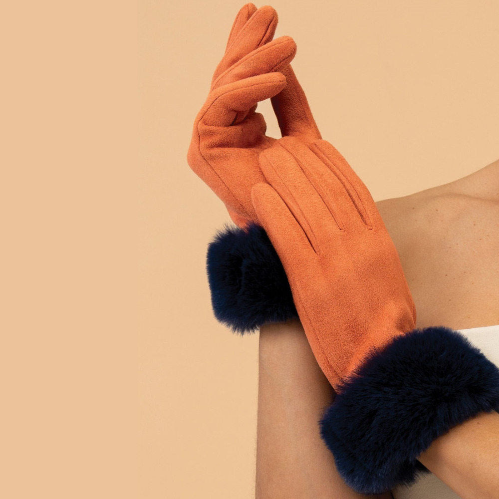 Ladies Gloves Fur Cuff Winterware Accessories Soft Warm Womens Accessory -  Tangerine/Navy