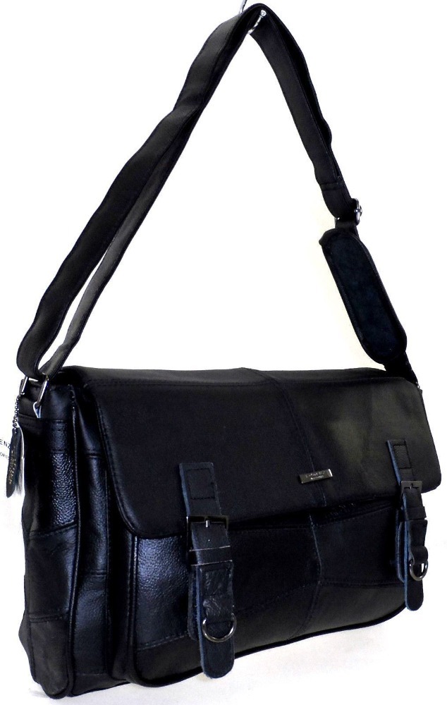 LARGE LORENZ REAL LEATHER SHOULDER SATCHEL SCHOOL BAG BLACK