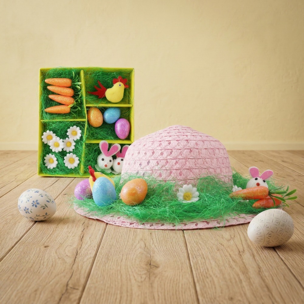 Kids DIY Easter Bonnet Kit | Baby Pink Child Bonnet with 16 Piece Decoration Set
