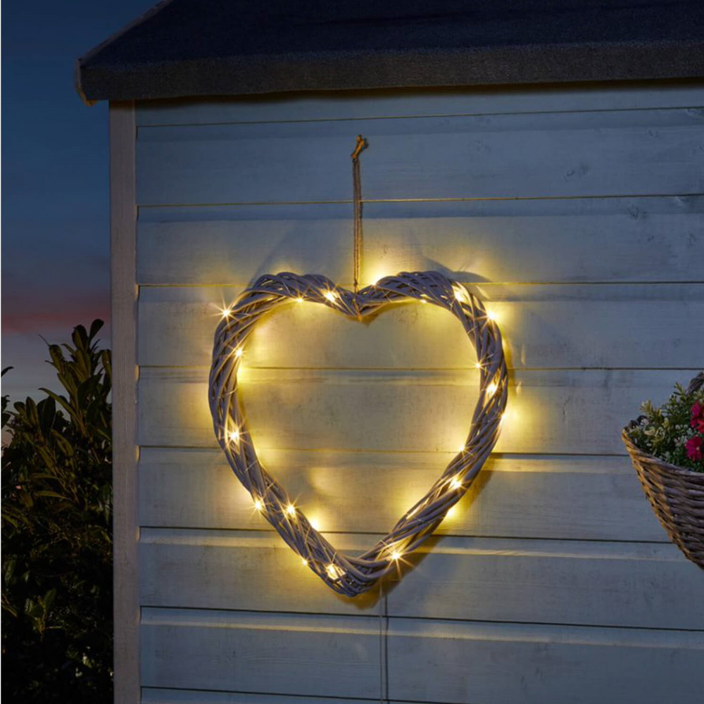 Light Up Door Wreath Solar Firefly LED Woven Heart Hanging Home Garden Decor