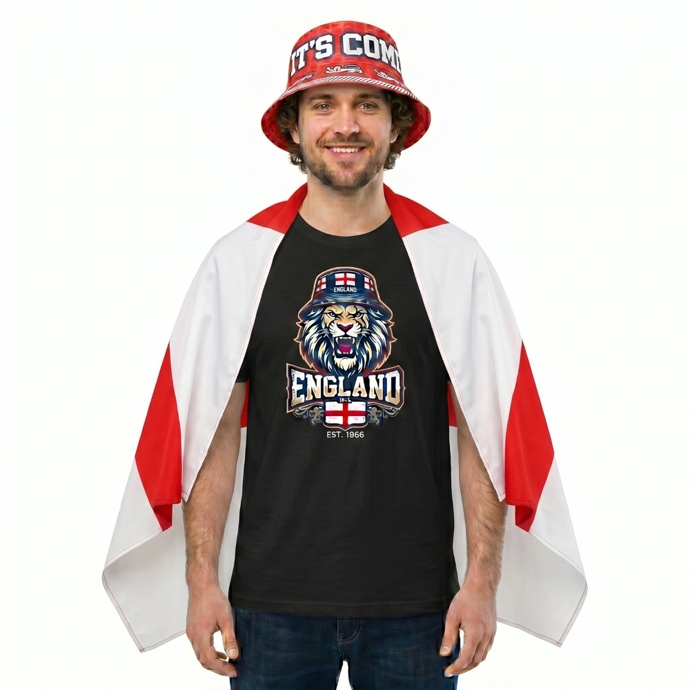 Click to view product details and reviews for Adults Black England Lion Bucket Hat T Shirt Bucket Hat Flag Cape Set Football Supporter Graphic Tee Large.