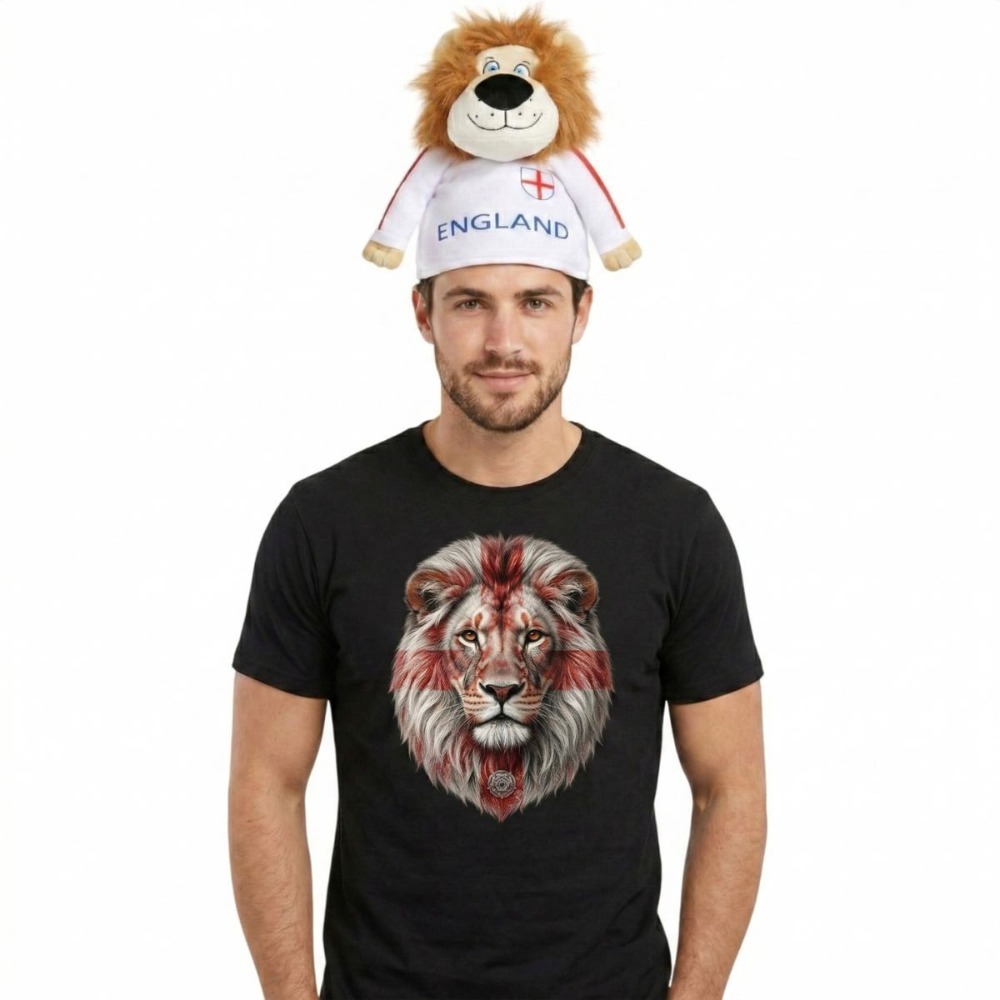 Click to view product details and reviews for Adults England St George Flag Lion Face T Shirt Lion Hat Set Black Patriotic Football Fan Shirt Red Cross Realistic Graphic Supporter Top Larg.