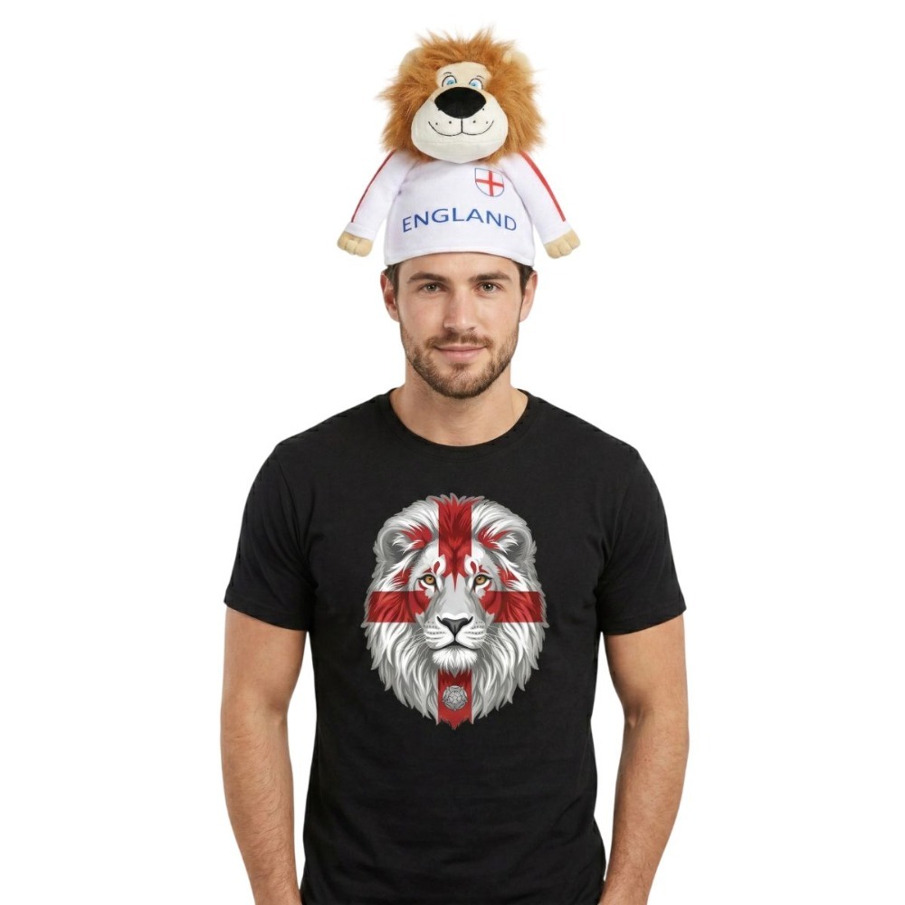 Click to view product details and reviews for Adults England St George Flag Lion Face T Shirt Lion Hat Set Black Patriotic Football Fan Shirt Red Cross Graphic Supporter Top Large.