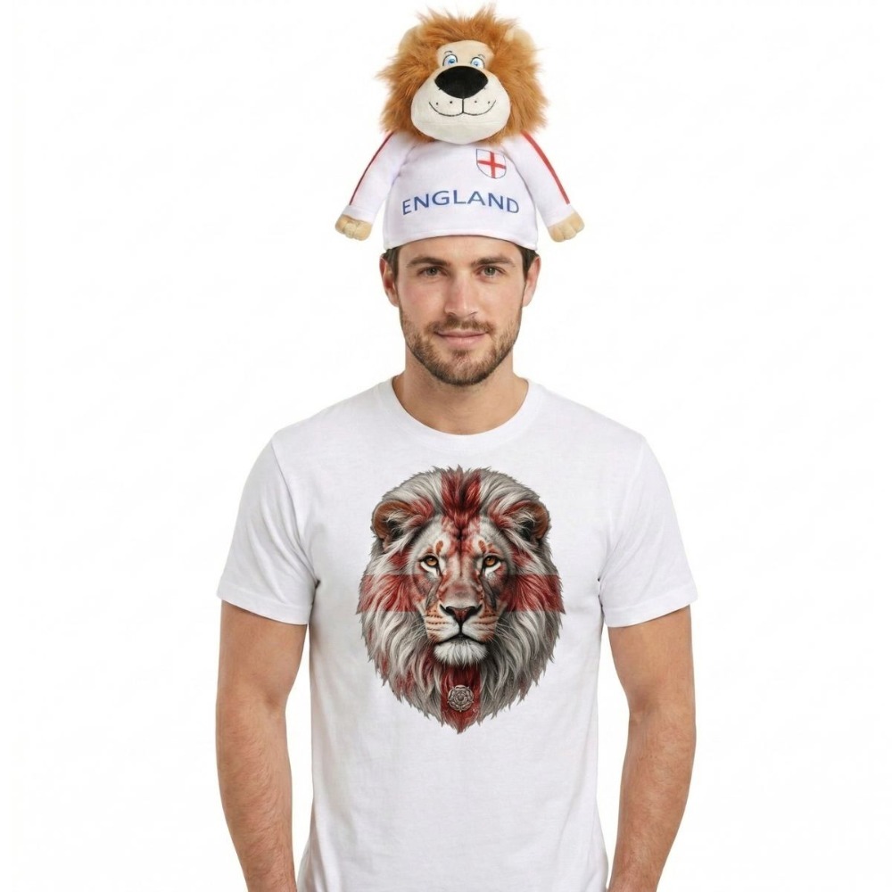 Click to view product details and reviews for Adults England St George Flag Lion Face T Shirt Lion Hat Set White Patriotic Football Fan Shirt Red Cross Realistic Graphic Supporter Top Lar.