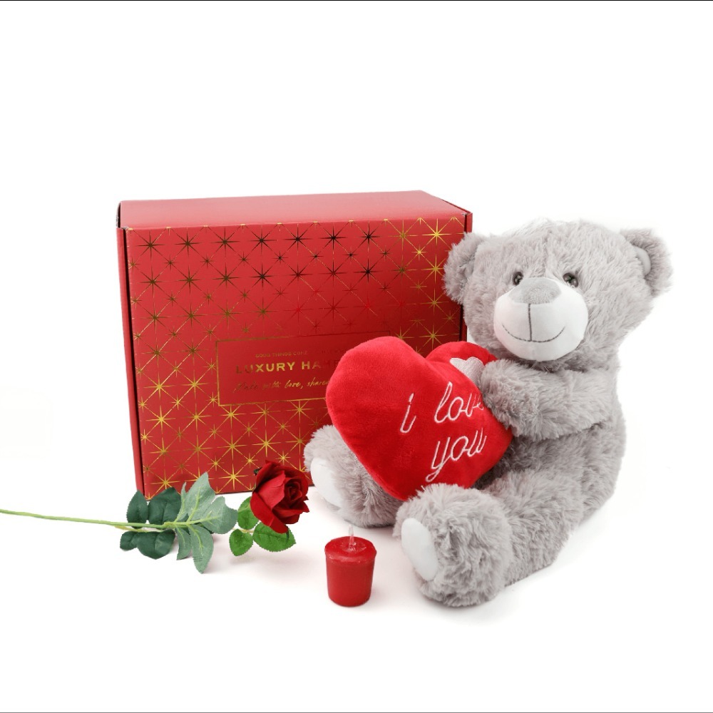 Valentines Day Hamper | 3 Pcs | Grey 'I Love you' Teddy, Rose & Candle