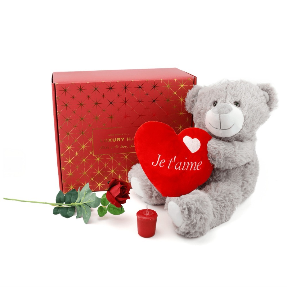 Valentines Day Hamper | 3 Pcs | Grey 'Je T'aime' Teddy, Rose & Candle