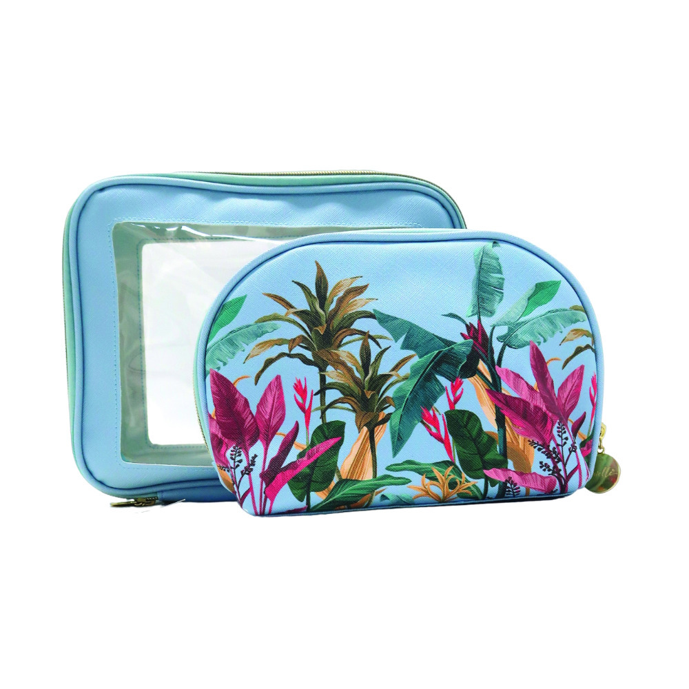 Make Up Bag Cosmetic Pouch Duo Botanical Palm Blue Beauty Accessory Gift