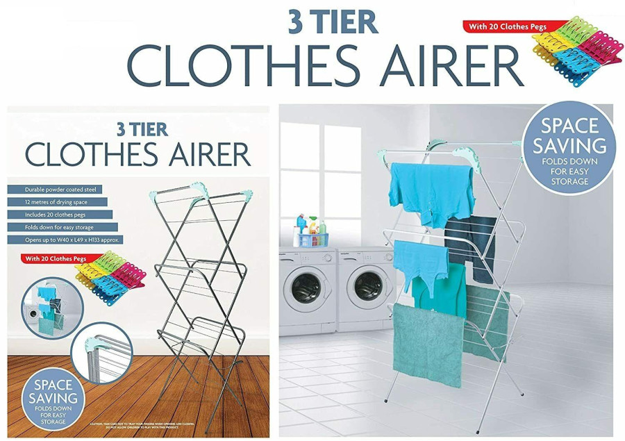 MantraRaj 3 Tiers Indoor Airer Folding Clothes Dryer Laundry Metal Rack Outdoor Indoor Plus 20 Pegs Drying Space