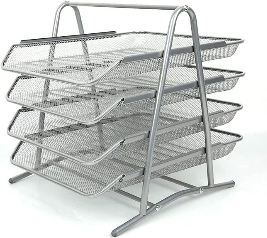 MantraRaj 4 Tier Letter Tray A4 Mesh Filing Trays Holder Desktop Document Paper File Storage Metal Filling Collection Desk Organiser Document Storage Letter Paper For Home & Office (Silver)