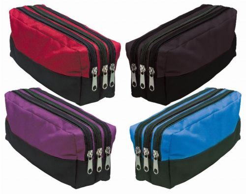 MantraRaj Large Triple Pocket Zip Rectangular Fabric Pencil Case Pouch Ideal For School College Uni and Make up Bag (Blue)