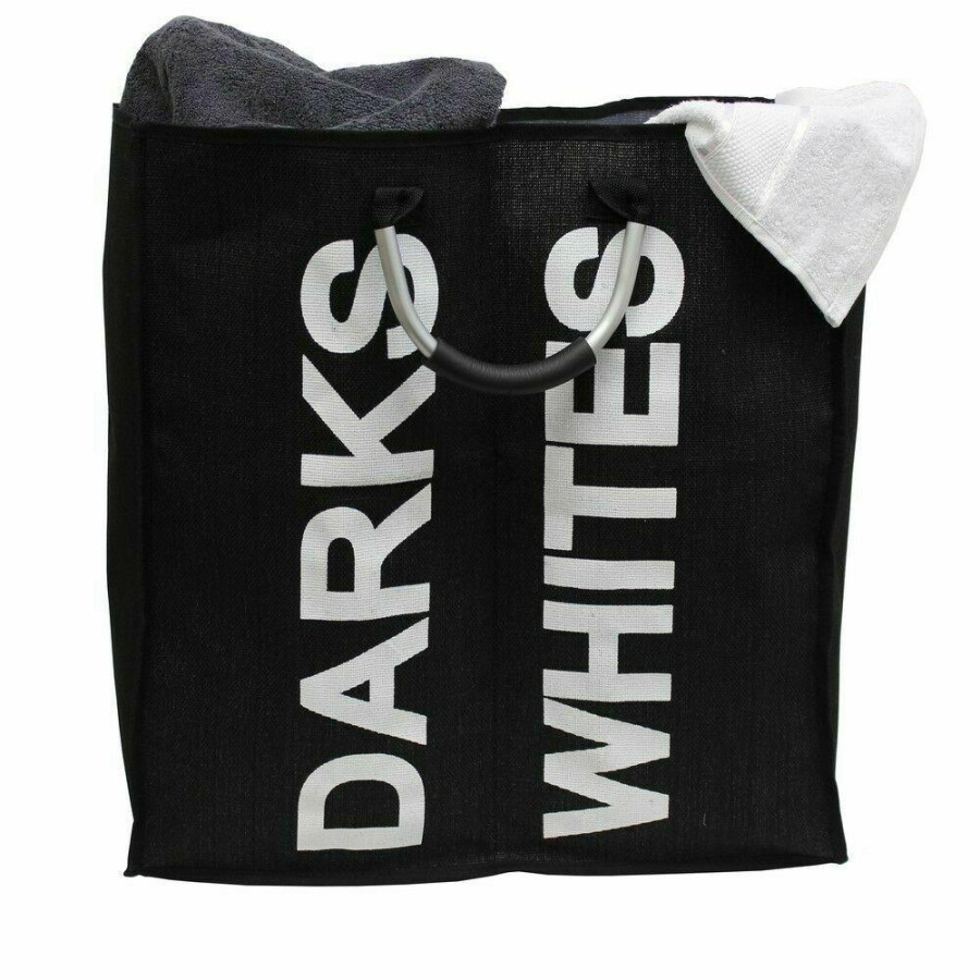MantraRaj Modern Double Darks Whites Fabric Laundry Washing Bag With Metal Handles Bin Washing Clothes Linen Basket | Laundry Basket Clothes Bag Laundry Hamper Folding Washing Storage Bin (Black)