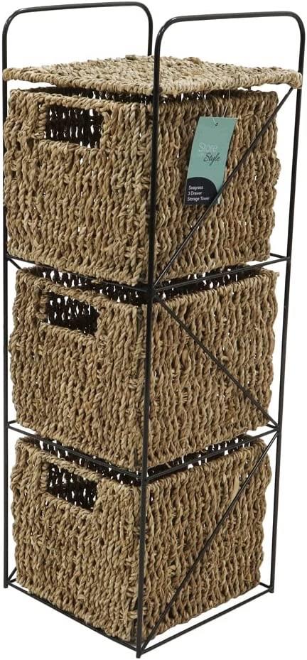 MantraRaj Seagrass Woven 3 Drawer Storage Tower | Storage Unit For Bedroom, Bathroom, Home, Office | Home Organisation Cabinet Bedroom Office Furniture Basket Storage Shelf