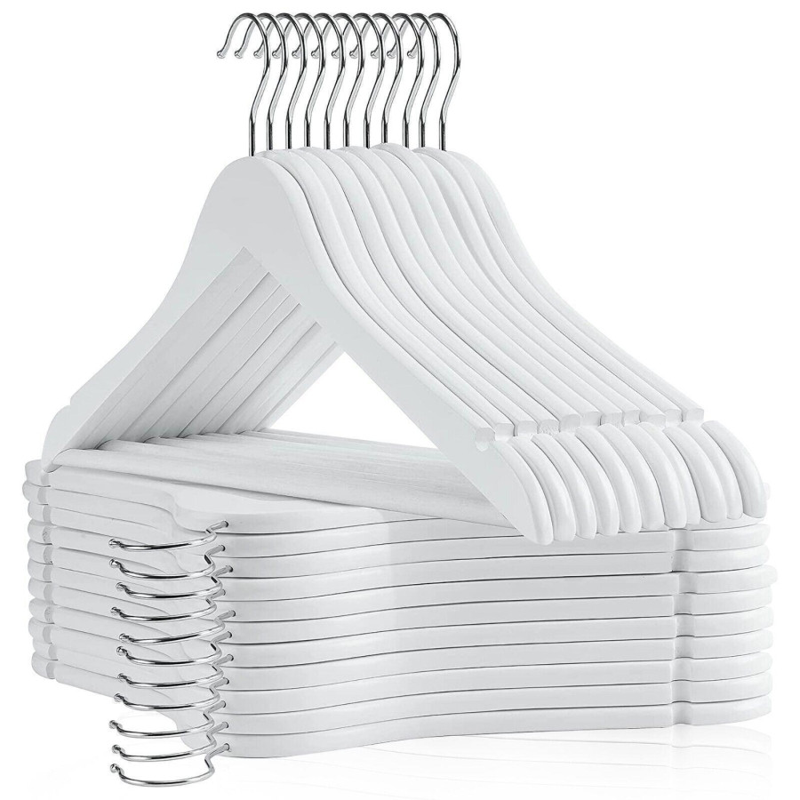 MantraRaj White Clothes Hangers Wooden Coat Hangers Wood Clothes Hanger Non Slip Pants Bar And Notches Round Trouser Bar And Shoulder Notches Suit Hangers for Dress Garment Jacket Blouse Shirt (60)